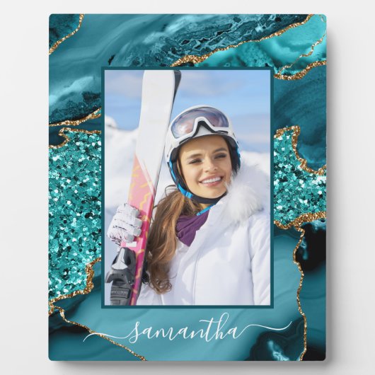 Plaque Photo Turquoise Blue Gold Parties scintillant Agate Nom  (Devant)