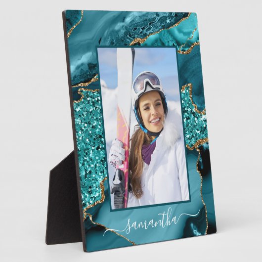 Plaque Photo Turquoise Blue Gold Parties scintillant Agate Nom  (Côté)