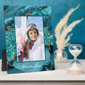 Plaque Photo Turquoise Blue Gold Parties scintillant Agate Nom  (Côté)