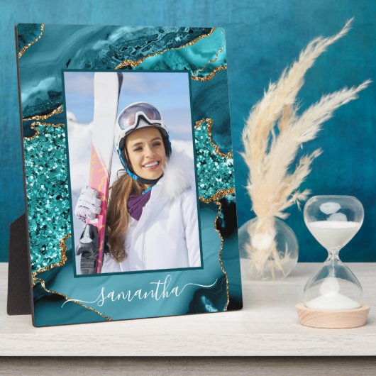 Plaque Photo Turquoise Blue Gold Parties scintillant Agate Nom  (Côté)