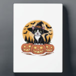 Plaque Photo Tuxedo Cat Halloween Witch Cute Pumpkins Essential<br><div class="desc">Tuxedo Cat Halloween Witch Cute Pumpkins Essential T-Shirt</div>