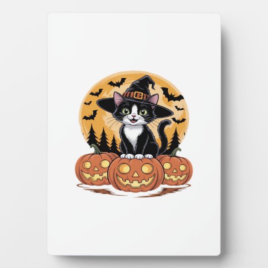 Plaque Photo Tuxedo Cat Halloween Witch Cute Pumpkins Essential (Devant)