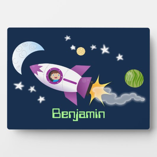 Plaque Photo Un adorable vaisseau-fusée dans l'espace dessin an (Devant)