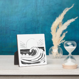 Plaque Photo Vagues océaniques Dessin d'art moderne noir et bla