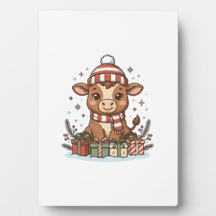 Plaque Photo Veau de Noël mignon avec cadeaux Vintage Vector_1