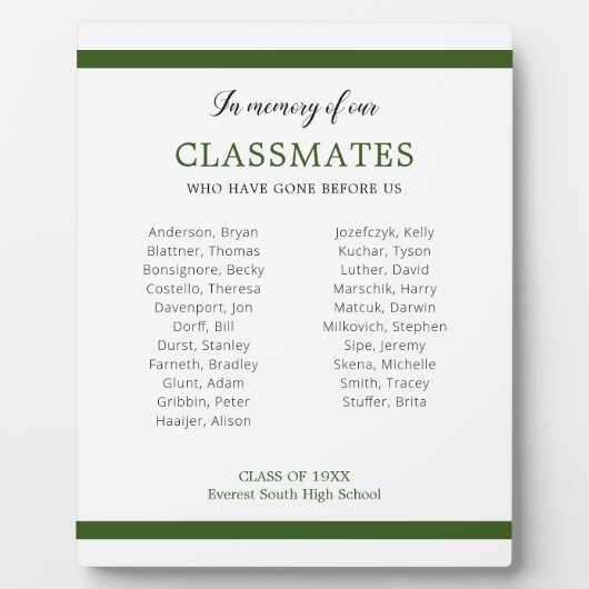 Plaque Photo Vert foncé En Mémoire De Nos Classmates (Devant)