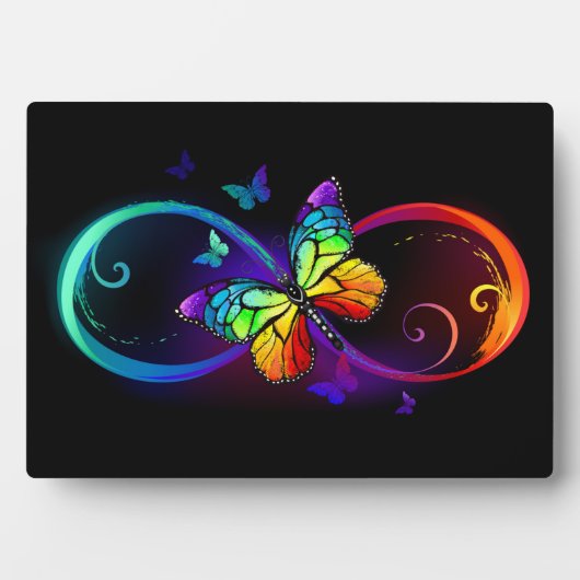 Plaque Photo Vibrant infinity with rainbow butterfly on black (Devant)