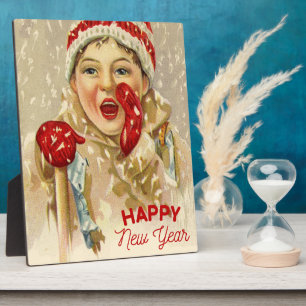 Plaque Photo vintage boy in the snow - Happy New Year