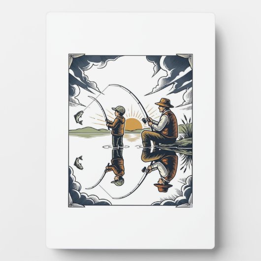 Plaque Photo Vintage Father and Child Fishing Engraving Shirt D (Devant)