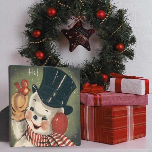 Plaque Photo Vintage Happy Snowman Retro Holiday