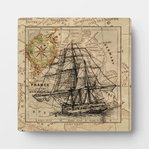 Plaque Photo Vintage Sailing Ship and Old European Map