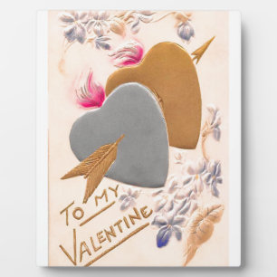 Plaque Photo Vintage Silver & Gold Hearts Valentine Postcard