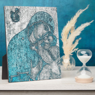 Plaque Photo Virgin Mary Baby Jesus Angel Portrait Vintage Blue
