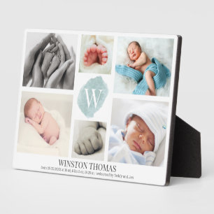 Plaque Photo Watercolor Blue Monogram Photo Collage Boy Birth