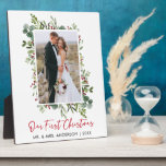Plaque Photo Watercolor Greenery Red Berries Christmas Photo<br><div class="desc">Modern Minimalist Elegance Calligraphy Ink Pen Handwritten Script Our First Christmas Newlywed Wedding Photo Plaque includes Elegant Watercolor Greenery,  Eucalyptus Leaves & Holly Berries. Red Script.</div>