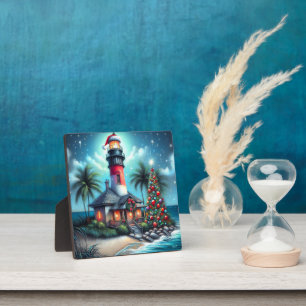 Plaque Photo Whimsical Tropical Christmas Lighthouse Turquoise 