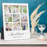 Plaque Photo White Neuf Photo Collage Nom de famille Calligraph<br><div class="desc">Plaque photo avec 9 photos carrés disposées dans une grille. Vous pouvez également ajouter votre nom de famille dans une police de calligraphie stylisée et l'année établie. Parfait pour les cadeaux de mariage, les cadeaux de famille, etc. Personnalisez ceci en remplaçant le texte de l'espace réservé dans le modèle pour...</div>