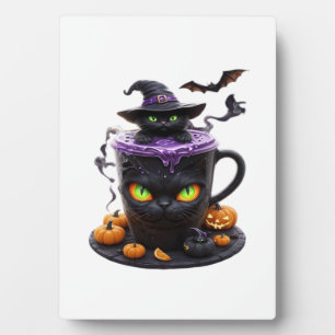 Plaque Photo Witch Cat Halloween Latte Café mignon et effrayan