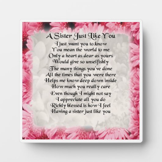 Plaque Poem Soeur - Design Floral Rose (Devant)