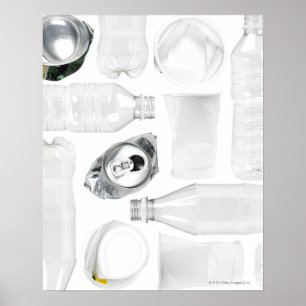 Plastic flesjes, kopjes en blikjes met aluminium poster