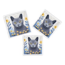 Chat Bleu Russe Fleurs Jaunes