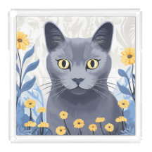 Chat Bleu Russe Fleurs Jaunes