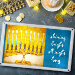 Plateau En Acrylique Hanoukka Menorah Bleu Jaune brillant Artsy<br><div class="desc">"Brillant toute la nuit." Une photo de fond d'une menorah d'or jaune, colorée et brillante aux accents turquoises vous aide à inaugurer les vacances de Hanoukka dans le style. Sentez la chaleur et la joie de la saison des Fêtes chaque fois que vous utilisez ce plateau de service Hanoukka magnifique...</div>