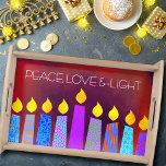 Plateau Hanoukka Menorah bougies sur Red Peace Love Light<br><div class="desc">"Paix, amour et lumière." Une illustration ludique, moderne et artistique de bougies motifs de saumons vous aide à inaugurer les vacances de Hanoukka. Des bougies bleues assorties de motifs de fausse feuille colorés recouvrent un arrière - plan à la texture orange vif et riche. Sentez la chaleur et la joie...</div>