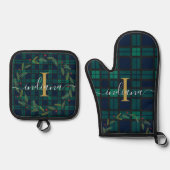 Platenscript Monogram Botanische Krans Tartan Ovenwant & Pannenlap Set (Voorkant)