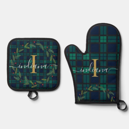Platenscript Monogram Botanische Krans Tartan Ovenwant & Pannenlap Set (Voorkant)
