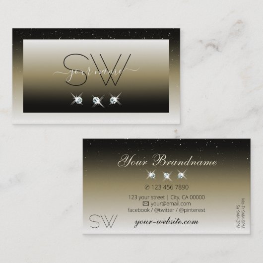 Platinum Beige Gradiënt Glitter Diamanten Monogram Visitekaartje (Voorkant / Achterkant)