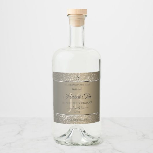 Platinum Beige met Glitter Initialen Productlabel Likeurfles Etiket (Voorkant)