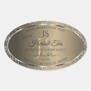 Platinum Beige met Glitter Initialen Productlabel Ovale Sticker