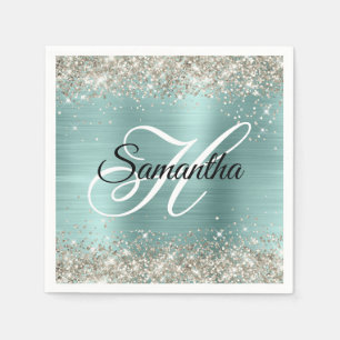 Platinum Glitter Licht Turquoise Folie Monogram Servet