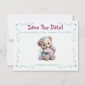 Platte Save The Date kaart teddybeer babyborrel