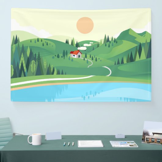 Platte stijl van het huis in de heuvel spandoek (Beurs)