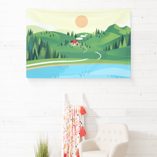 Platte stijl van het huis in de heuvel spandoek (Insitu)