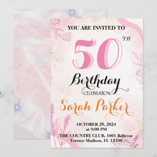 Platte uitnodiging, 50ste verjaardag kaart (Voorkant / Achterkant)