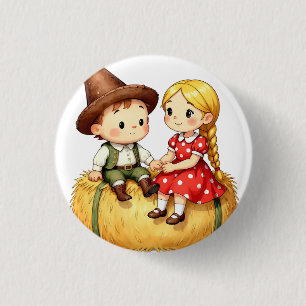 Plattelandskinderen op een hooibaal ronde button 3,2 cm