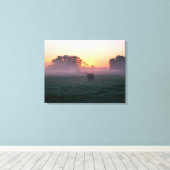 PlattelandsKoe op het 3-panelcanvas Sunrise Mist Canvas Afdruk (Insitu (Houten vloer))