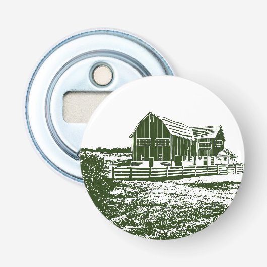 Plattelandslandschap houtsnede stijl boerderij hui button flesopener (Voorkant)