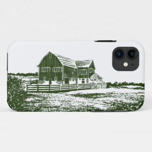 Plattelandslandschap houtsnede stijl boerderij hui iPhone 11 hoesje