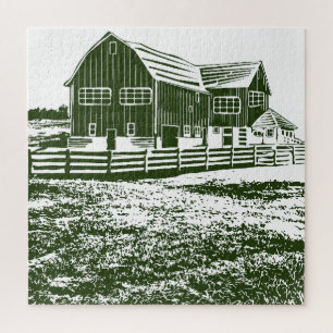 Plattelandslandschap houtsnede stijl boerderij hui legpuzzel