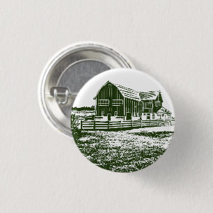 Plattelandslandschap houtsnede stijl boerderij hui ronde button 3,2 cm