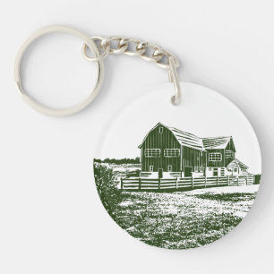 Plattelandslandschap houtsnede stijl boerderij hui sleutelhanger