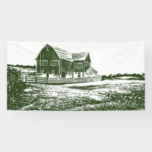 Plattelandslandschap houtsnede stijl boerderij hui spandoek