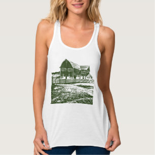 Plattelandslandschap houtsnede stijl boerderij hui tanktop