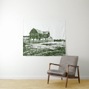 Plattelandslandschap houtsnede stijl boerderij hui wandkleed