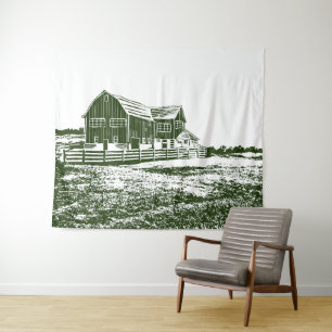 Plattelandslandschap houtsnede stijl boerderij hui wandkleed