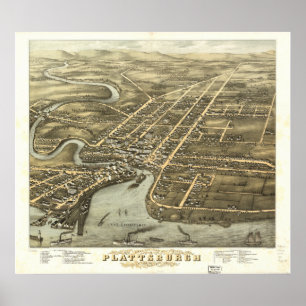 Plattsburgh New York 1877 Antiek Panorama Poster
